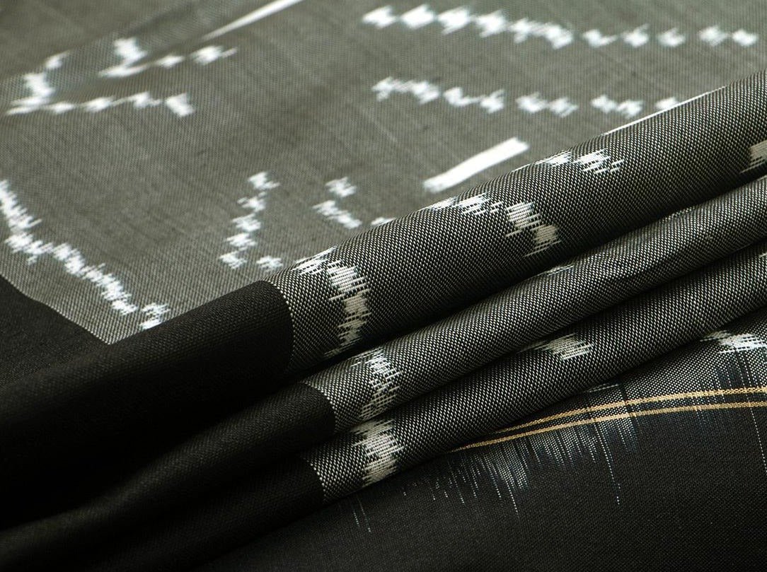 Grey Pochampally Silk Saree With Black Border Ikat Handwoven Pure Silk for office wear PIK 330 - Pochampally Silk - Panjavarnam