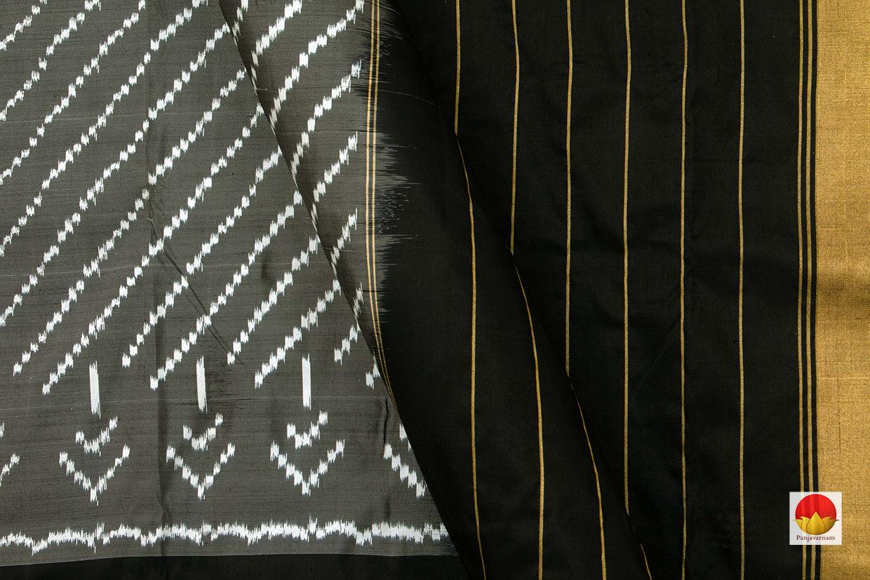 Grey Pochampally Silk Saree With Black Border Ikat Handwoven Pure Silk for office wear PIK 330 - Pochampally Silk - Panjavarnam PIK 330