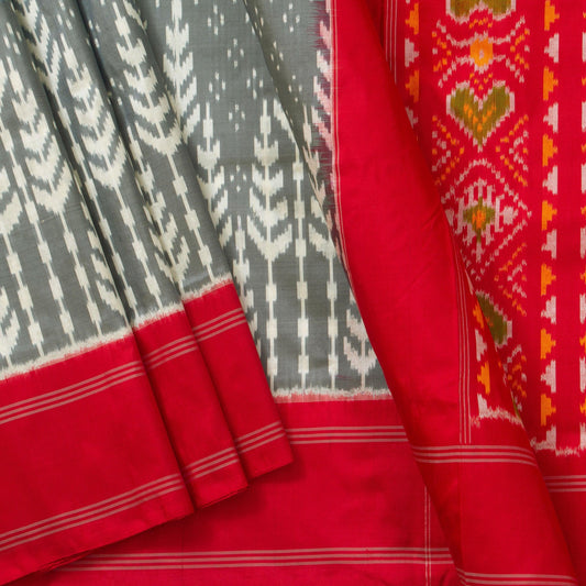 Grey Pochampally Silk Saree With Red Border Ikkat Handwoven Pure Silk For Office Wear PIK SIV 103 - Pochampally Silk - Panjavarnam PIK SIV 103