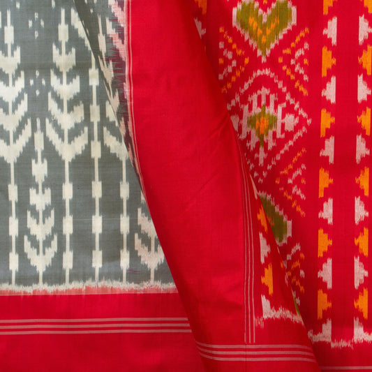 Grey Pochampally Silk Saree With Red Border Ikkat Handwoven Pure Silk For Office Wear PIK SIV 103 - Pochampally Silk - Panjavarnam PIK SIV 103