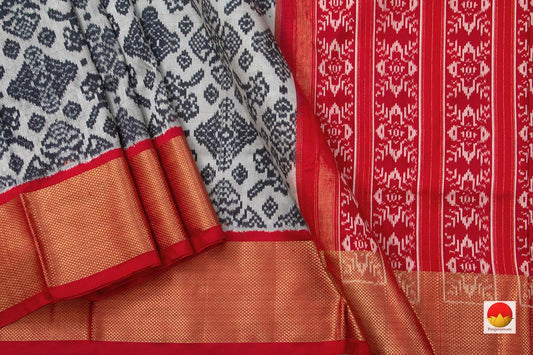 Grey Pochampally Silk Saree With Red Zari Border Handwoven Ikkat Pure Silk For Office Wear PIK 341 - Pochampally Silk - Panjavarnam