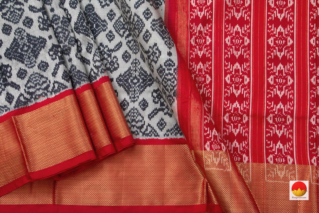 Grey Pochampally Silk Saree With Red Zari Border Handwoven Ikkat Pure Silk For Office Wear PIK 341 - Pochampally Silk - Panjavarnam PIK 341