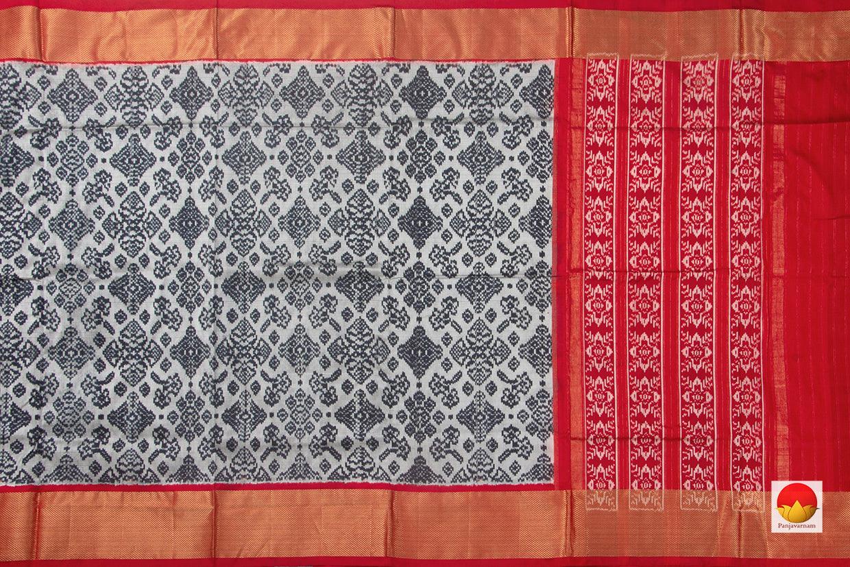 Grey Pochampally Silk Saree With Red Zari Border Handwoven Ikkat Pure Silk For Office Wear PIK 341 - Pochampally Silk - Panjavarnam PIK 341