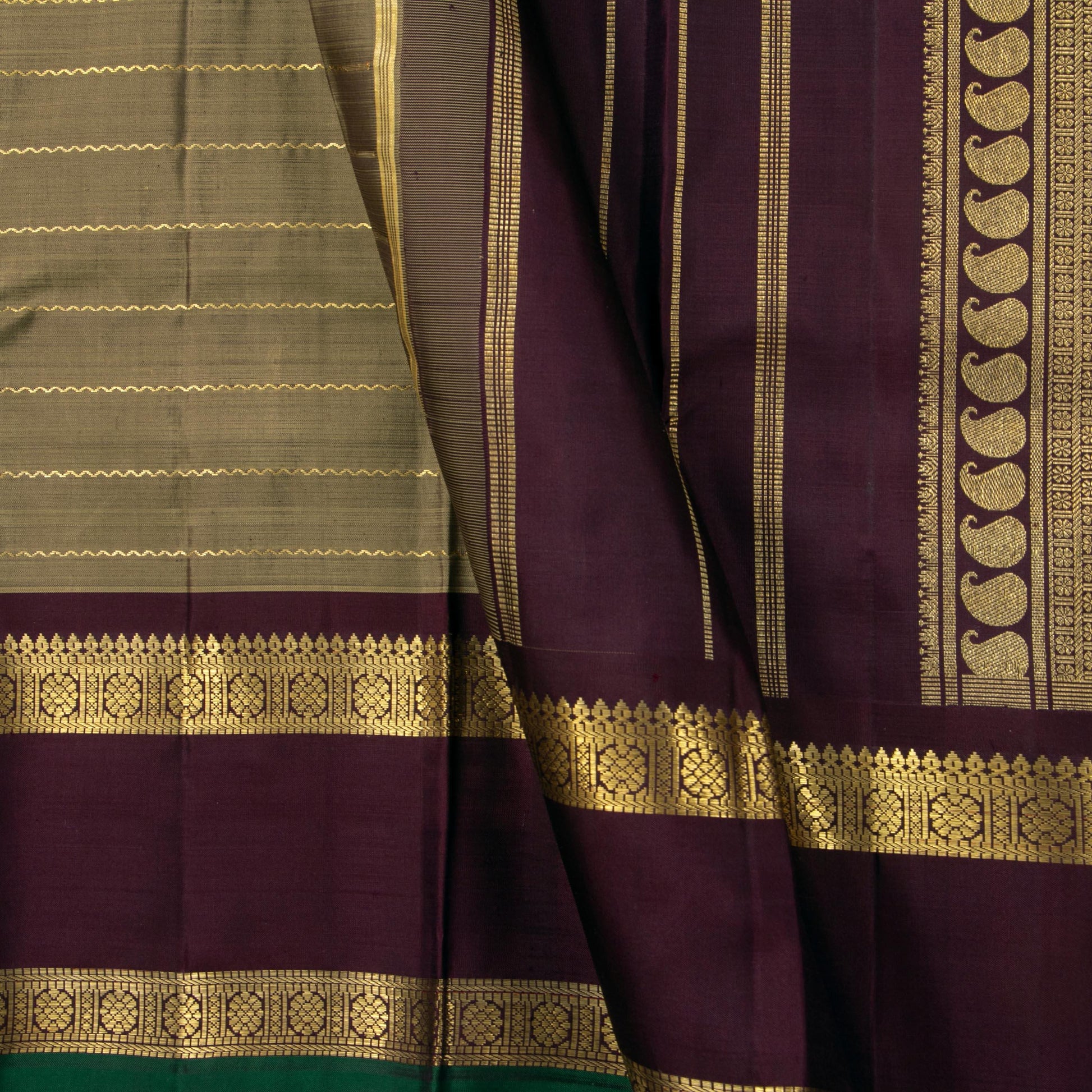 Khaki And Brown Kanchipuram Silk Saree With Medium Border Handwoven Pure Silk For Wedding Wear PV NYC 1205 - Silk Sari - Panjavarnam PV NYC 1205