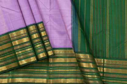 Lavender And Green Kanchipuram Silk Saree With Medium Border Handwoven Pure Silk For Wedding Wear PV J 566 - Silk Sari - Panjavarnam PV J 566