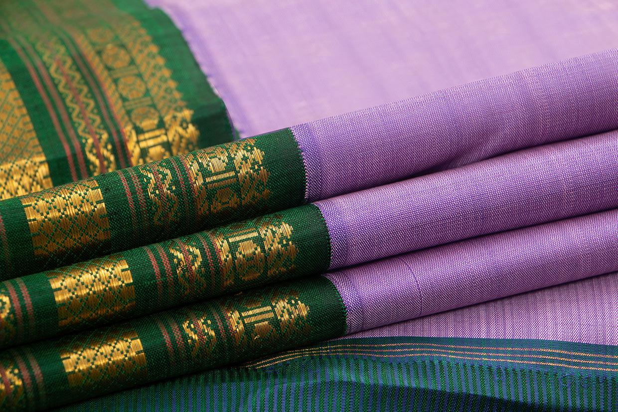 Lavender And Green Kanchipuram Silk Saree With Medium Border Handwoven Pure Silk For Wedding Wear PV J 566 - Silk Sari - Panjavarnam PV J 566