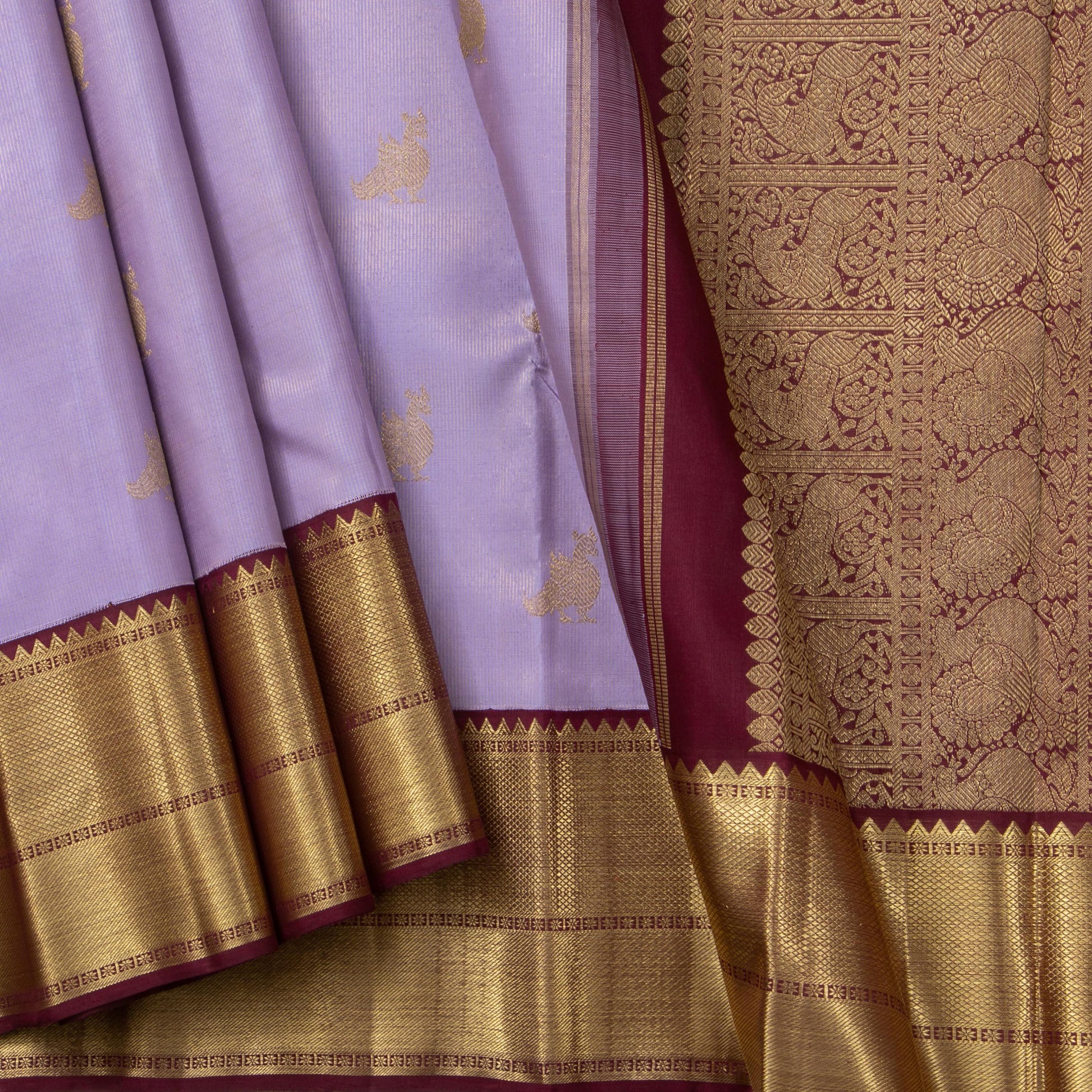 Lavender And Maroon Kanchipuram Silk Saree With Medium Border Handwoven Pure Silk For Wedding Wear PV NYC 1131 - Silk Sari - Panjavarnam PV NYC 1131