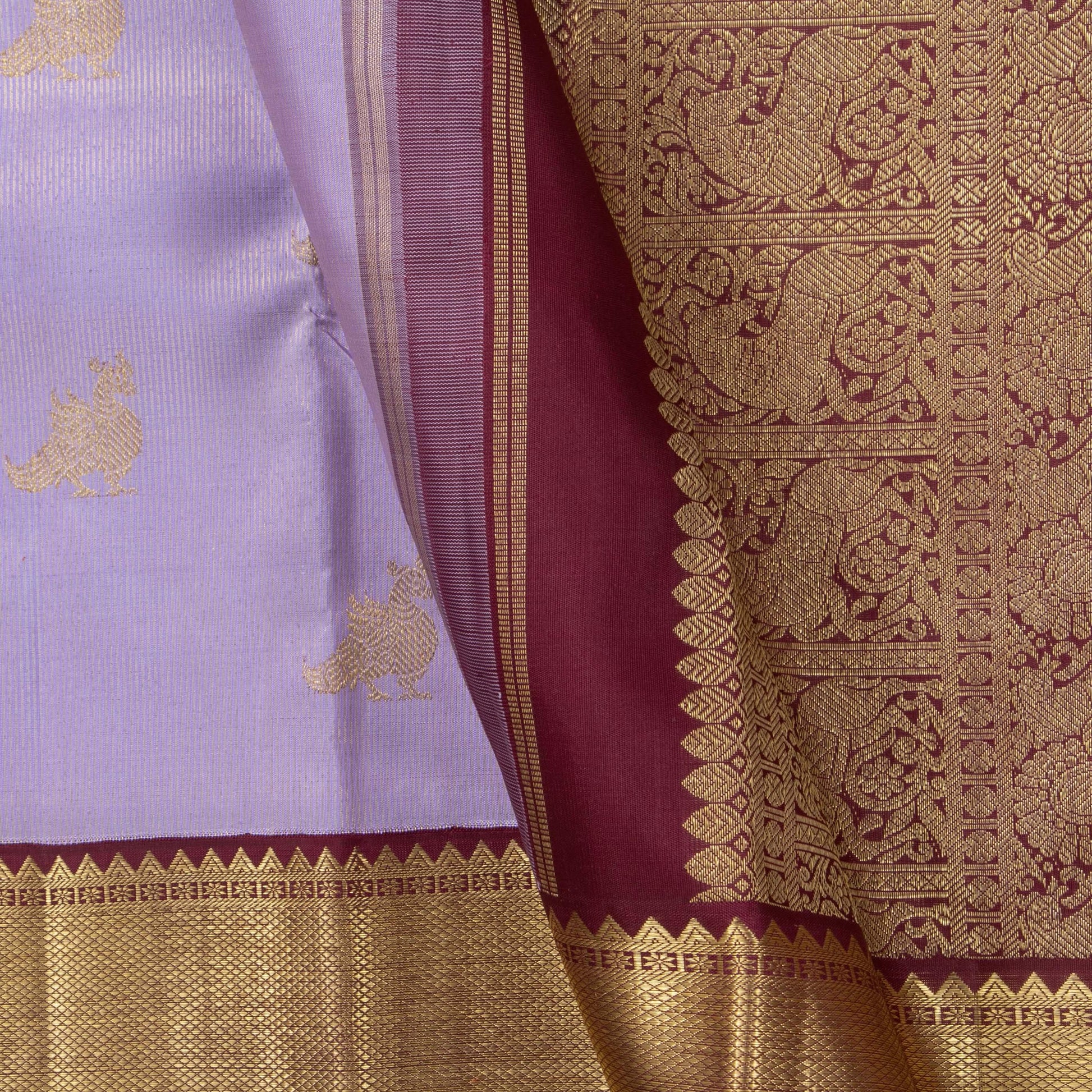 Lavender And Maroon Kanchipuram Silk Saree With Medium Border Handwoven Pure Silk For Wedding Wear PV NYC 1131 - Silk Sari - Panjavarnam PV NYC 1131