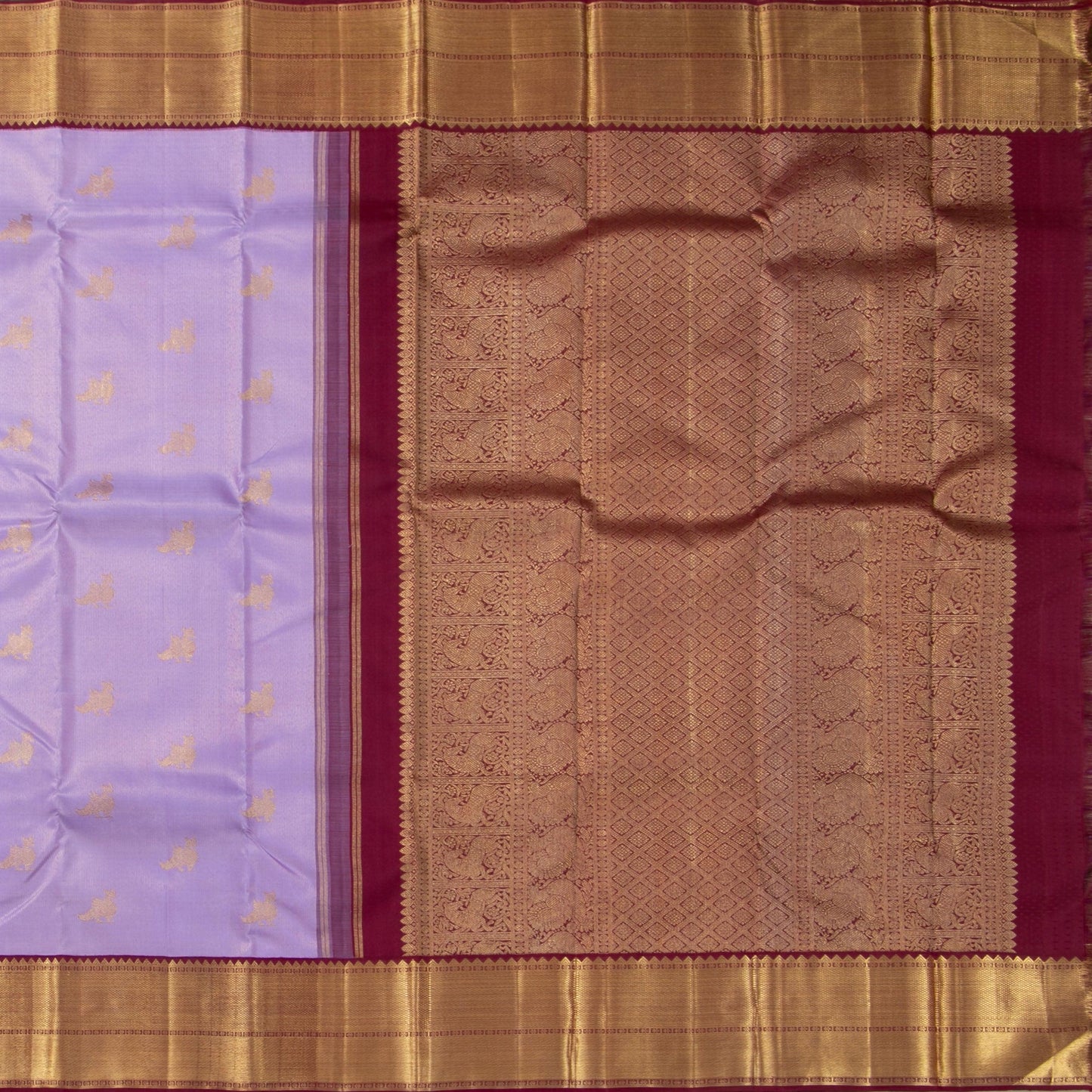 Lavender And Maroon Kanchipuram Silk Saree With Medium Border Handwoven Pure Silk For Wedding Wear PV NYC 1131 - Silk Sari - Panjavarnam PV NYC 1131