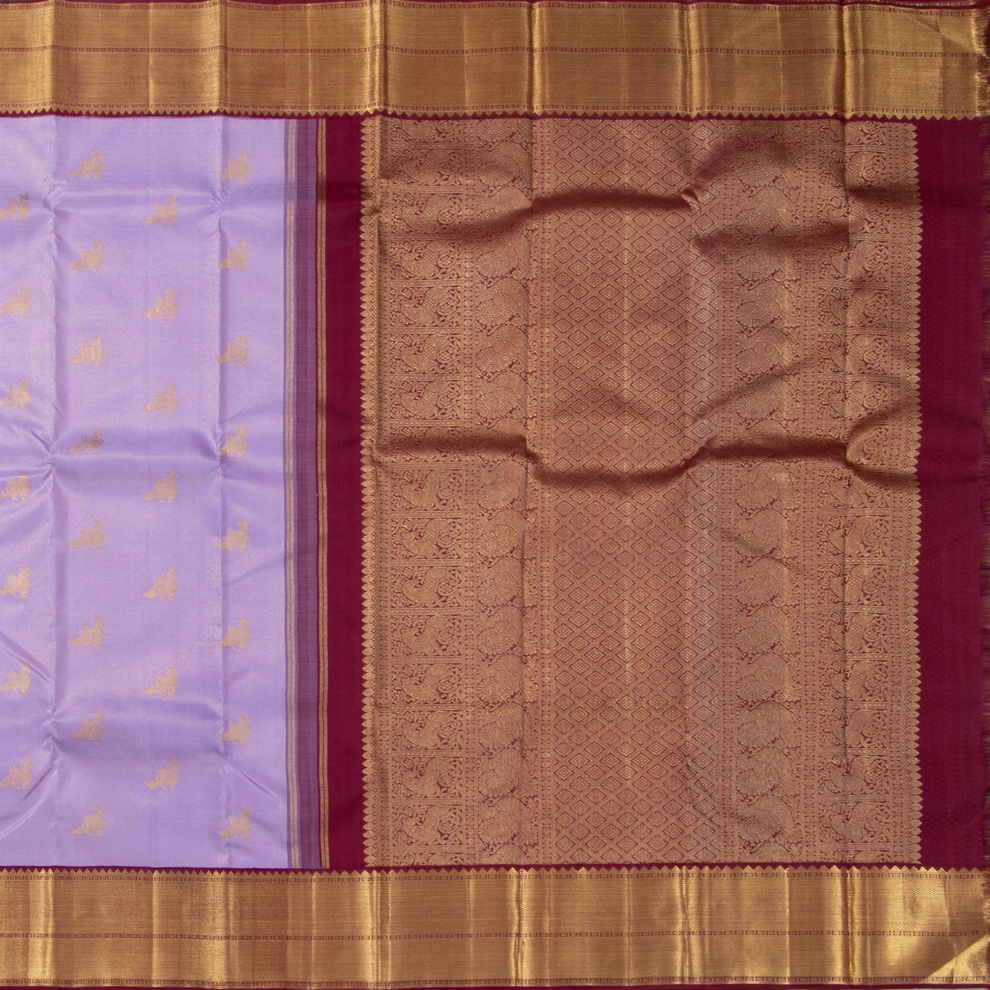 Lavender And Maroon Kanchipuram Silk Saree With Medium Border Handwoven Pure Silk For Wedding Wear PV NYC 1131 - Silk Sari - Panjavarnam PV NYC 1131