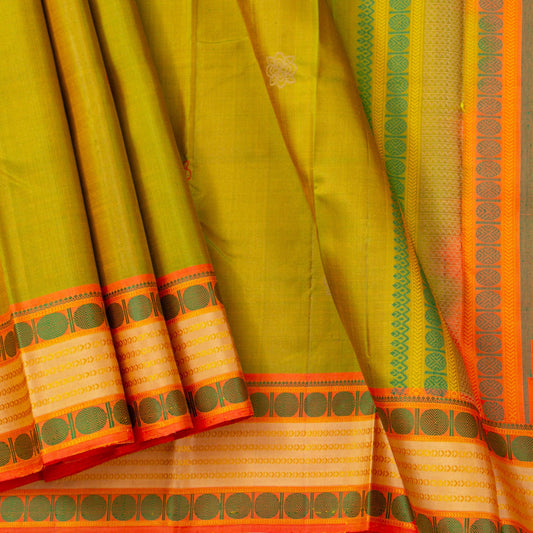 Leaf Green And Orange Non Zari Kanchipuram Silk Saree For Office Wear PV RM NZ 488 - Silk Sari - Panjavarnam PV RM NZ 488