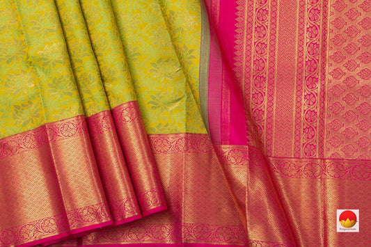 Leaf Green and Pink Kanchipuram Silk Saree Handwoven Pure Silk Pure Zari For Wedding Wear PV NYC 746 - Silk Sari - Panjavarnam PV NYC 746