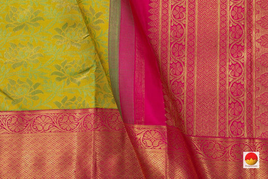 Leaf Green and Pink Kanchipuram Silk Saree Handwoven Pure Silk Pure Zari For Wedding Wear PV NYC 746 - Silk Sari - Panjavarnam PV NYC 746
