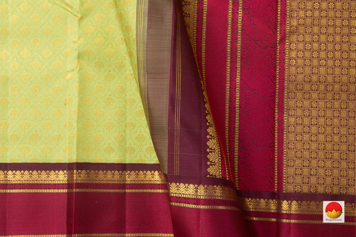 Leaf Green Kanchipuram Silk Saree With Maroon Korvai Border Handwoven Pure Silk Pure Zari For Wedding Wear PV NYC 968 - Silk Sari - Panjavarnam