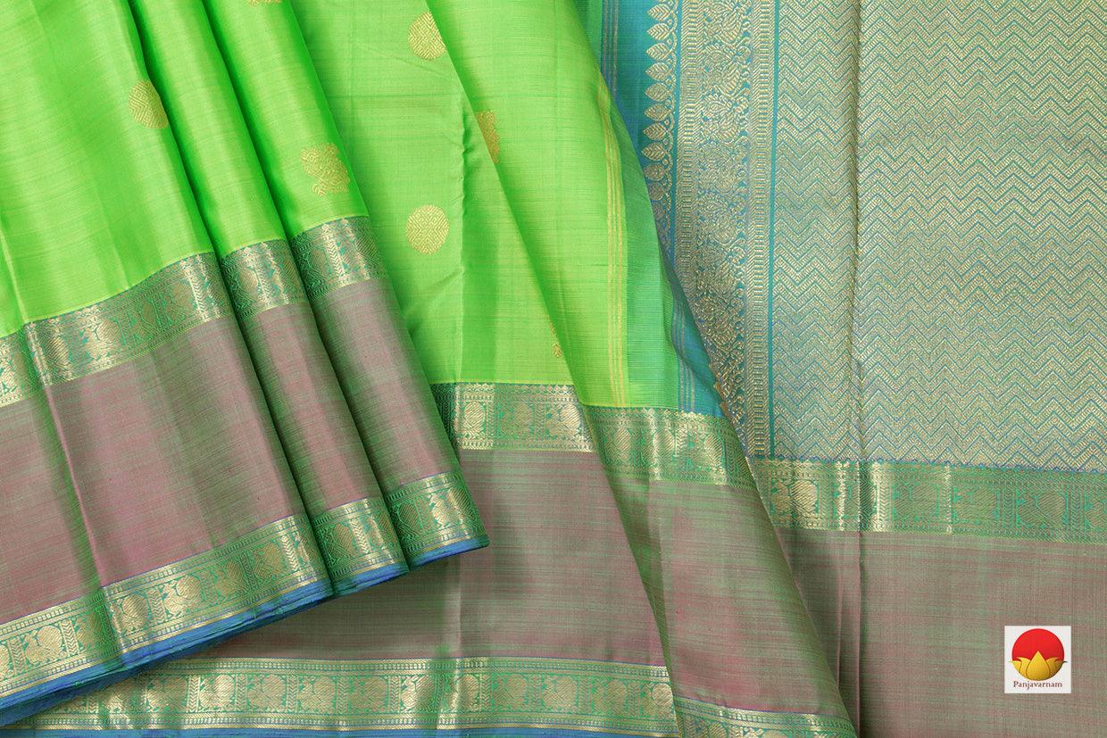 Light Green Kanchipuram Silk Saree With Medium Border Handwoven Pure Silk For Festive Wear PV J 231 - Silk Sari - Panjavarnam PV J 231