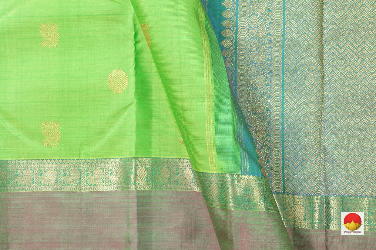 Light Green Kanchipuram Silk Saree With Medium Border Handwoven Pure Silk For Festive Wear PV J 231 - Silk Sari - Panjavarnam PV J 231