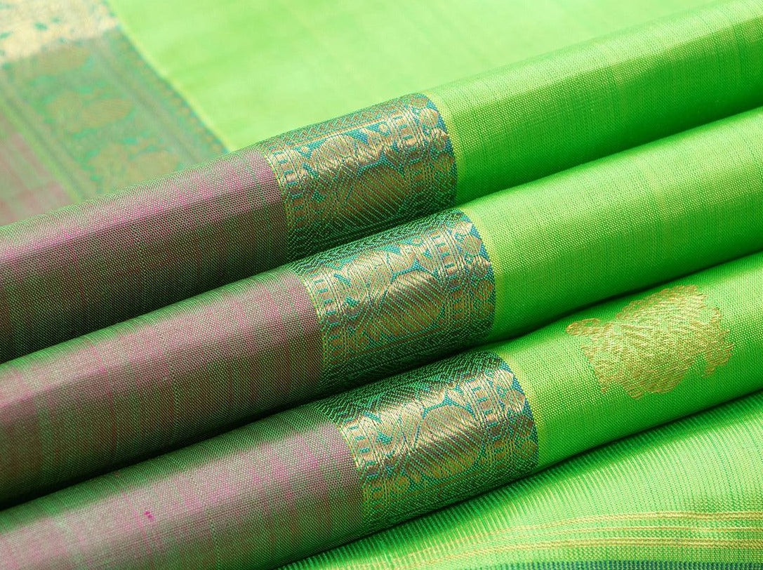 Light Green Kanchipuram Silk Saree With Medium Border Handwoven Pure Silk For Festive Wear PV J 231 - Silk Sari - Panjavarnam PV J 231