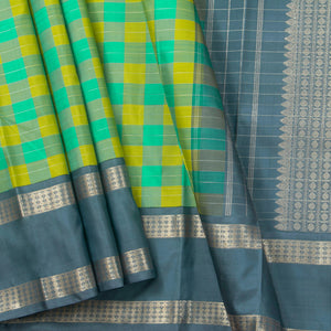 Lime Green And Turquoise Checked Kanchipuram Silk Saree With Silver Zari For Wedding Wear PV NYC 1286 - Silk Sari - Panjavarnam PV NYC 1286