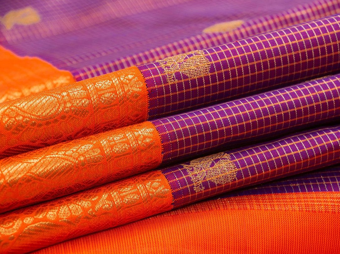 Magenta And Orange Kanchipuram Silk Saree With Medium Border Handwoven Pure Silk For Wedding Wear PV NYC 994 - Silk Sari - Panjavarnam PV NYC 994