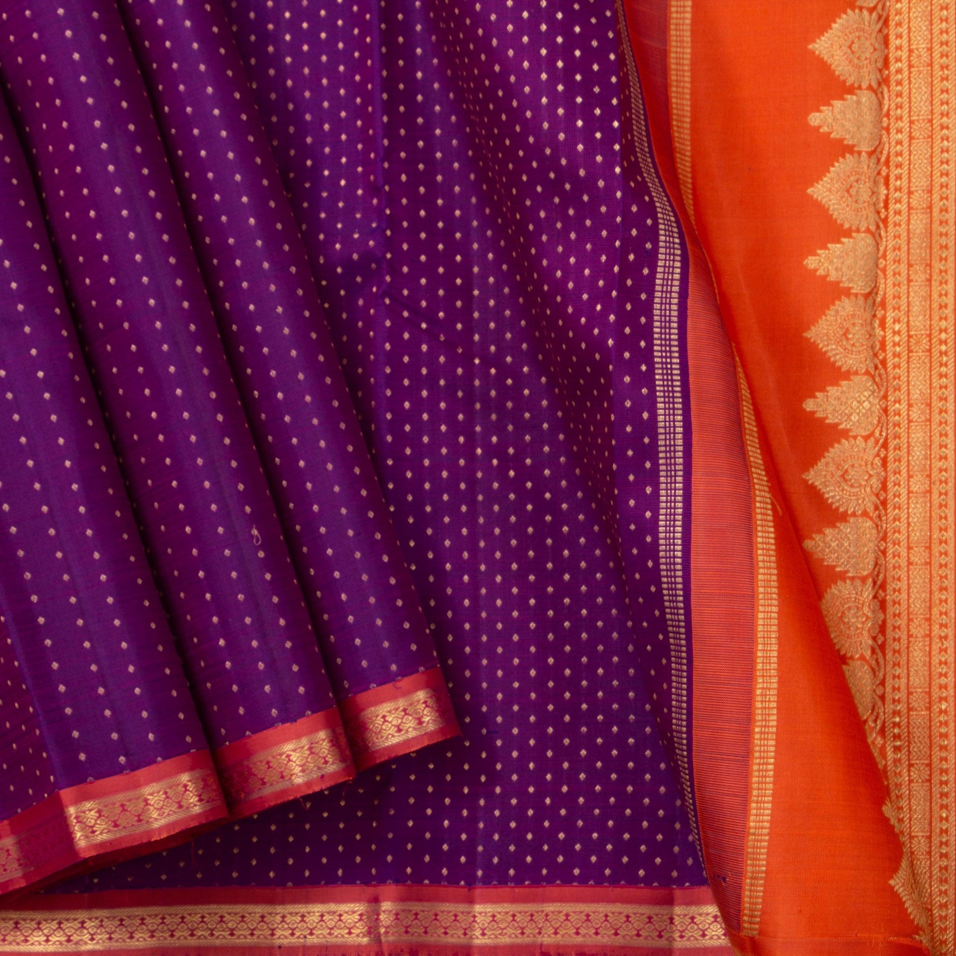 Magenta And Orange Kanchipuram Silk Saree With Small Border Handwoven Pure Silk For Wedding Wear PV NYC 1188 - Silk Sari - Panjavarnam PV NYC 1188