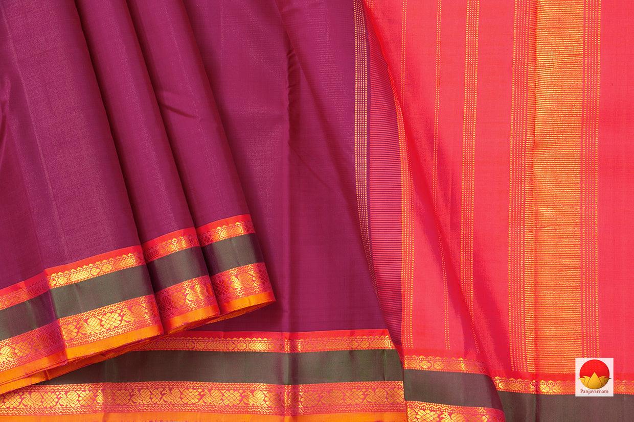 Magenta And Peach Kanchipuram Silk Saree With Medium Border Handwoven Pure Silk For Festive Wear PV J 216 - Silk Sari - Panjavarnam PV J 216