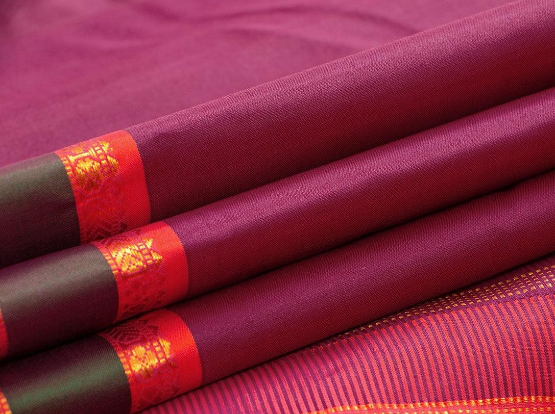 Magenta And Peach Kanchipuram Silk Saree With Medium Border Handwoven Pure Silk For Festive Wear PV J 216 - Silk Sari - Panjavarnam PV J 216