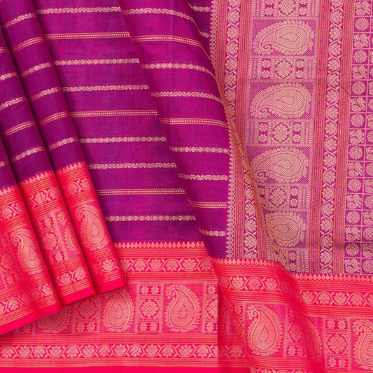 Magenta And Pink Kanchi SilkCotton Saree With Veldhari Stripes For Office Wear PV KSC 1224 - Silk Cotton - Panjavarnam PV KSC 1224