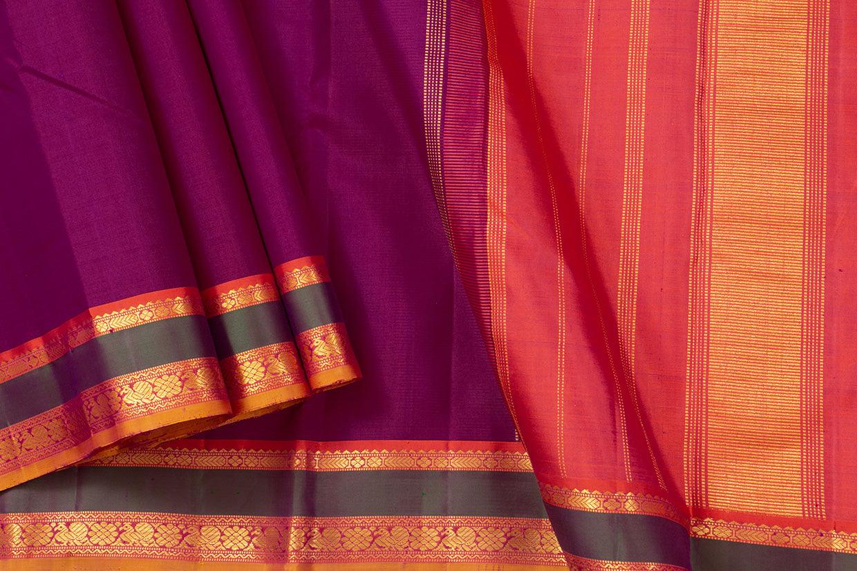 Magenta And Pink Kanchipuram Silk Saree With Medium Border Handwoven Pure Silk For Festive Wear PV J 551 - Silk Sari - Panjavarnam PV J 551