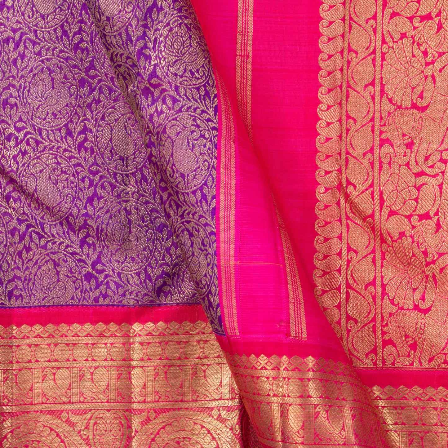 Magenta And Pink Kanchipuram Silk Saree With Medium Border Handwoven Pure Silk For Wedding Wear PV NYC 1134 - Silk Sari - Panjavarnam PV NYC 1134