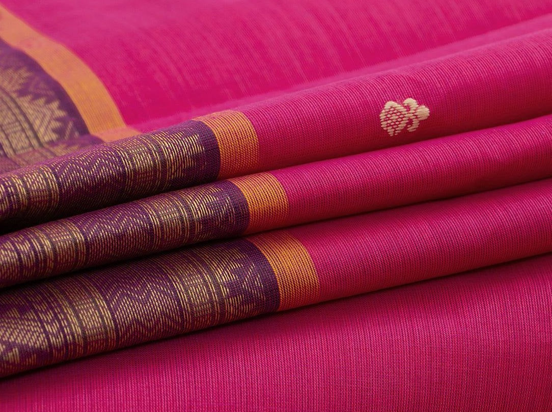 Magenta Chettinad Cotton Saree With Contrast Border For Casual Wear PV SK CC 123 - Cotton Saree - Panjavarnam