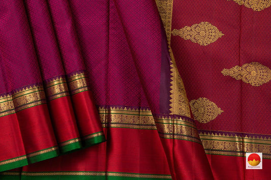 Magenta Jacquard Kanchipuram Silk Saree With Contrast Blue Blouse Handwoven Pure Silk Pure Zari For Weddings PV NYC 673 - Silk Sari - Panjavarnam