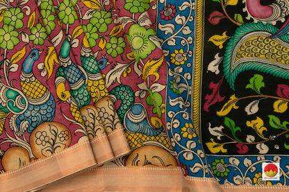 Magenta Kalamkari Bangalore Silk Saree With Zari Border Handpainted Organic Dyes For Office Wear PKBS 563 - Kalamkari Silk - Panjavarnam