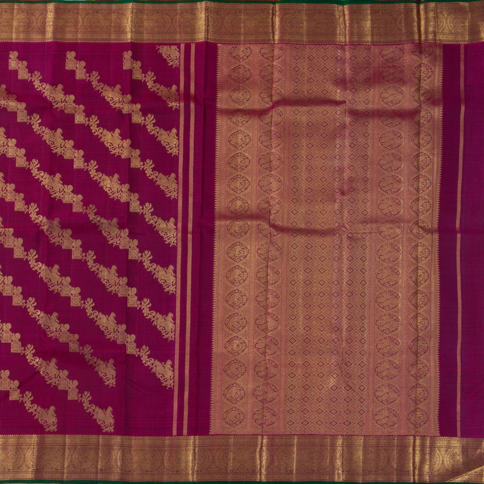 Magenta Kanchipuram Silk Saree With Green Selvedge For Bridal Wear PV NYC 1136 - Silk Sari - Panjavarnam PV NYC 1136