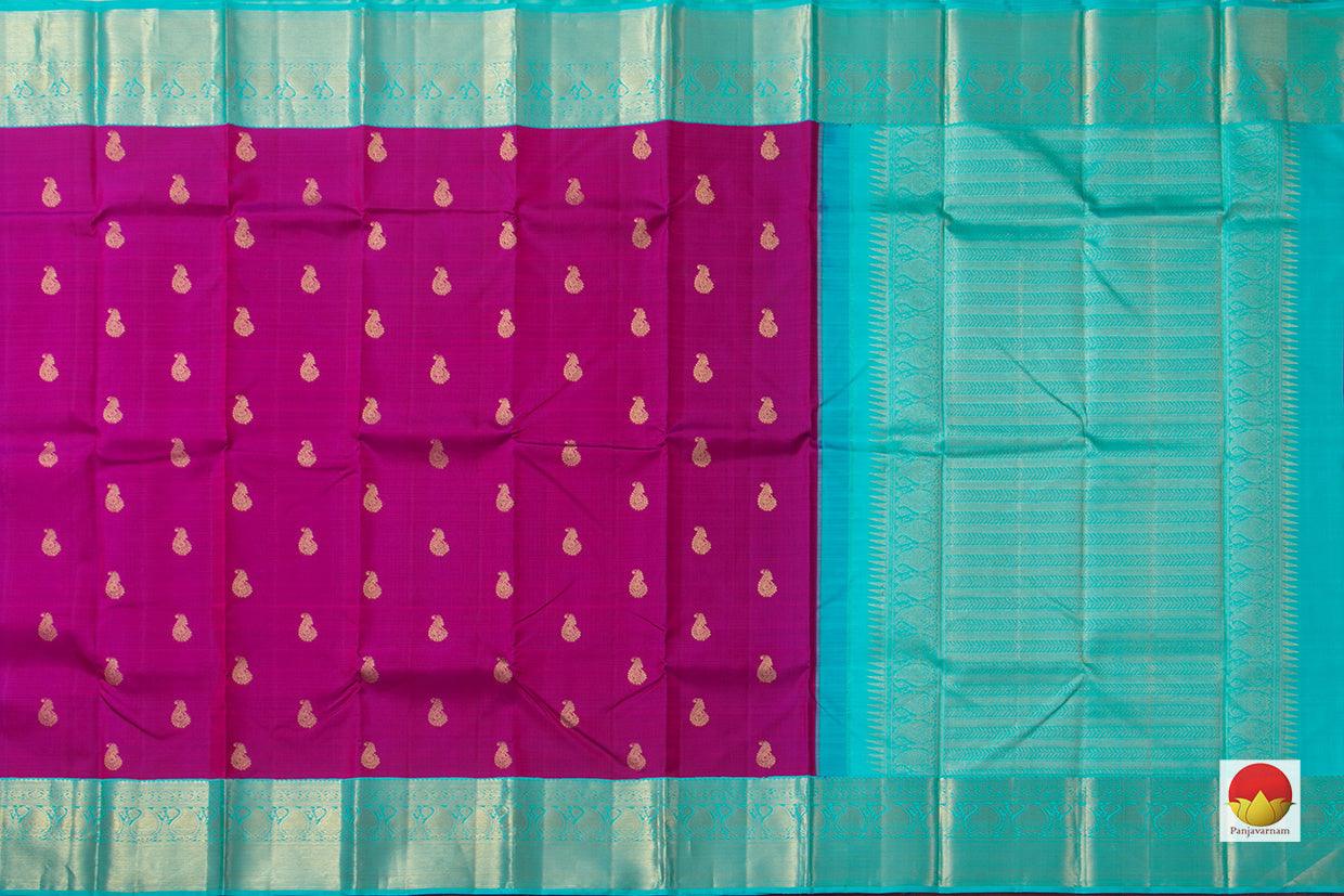 Magenta Kanchipuram Silk Saree With Paisley Motifs And Ananda Blue Korvai Border Handwoven Pure Silk Pure Zari For Weddings PV NYC 987 - Silk Sari - Panjavarnam