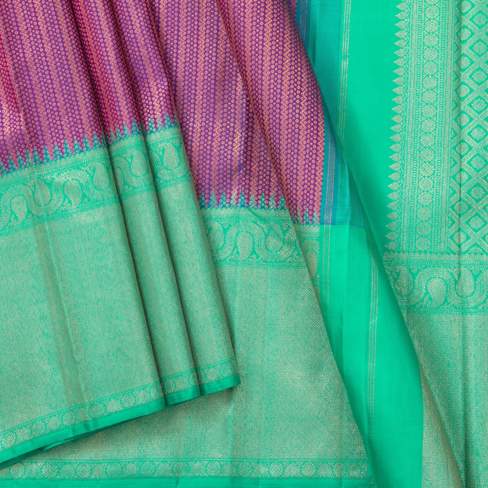 Magenta, Sea Green And Orange Kanchipuram Silk Saree Handwoven Pure Silk Pure Zari Mubbagam PV NYC 1244 - Silk Sari - Panjavarnam PV NYC 1244