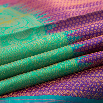 Magenta, Sea Green And Orange Kanchipuram Silk Saree Handwoven Pure Silk Pure Zari Mubbagam PV NYC 1244 - Silk Sari - Panjavarnam PV NYC 1244