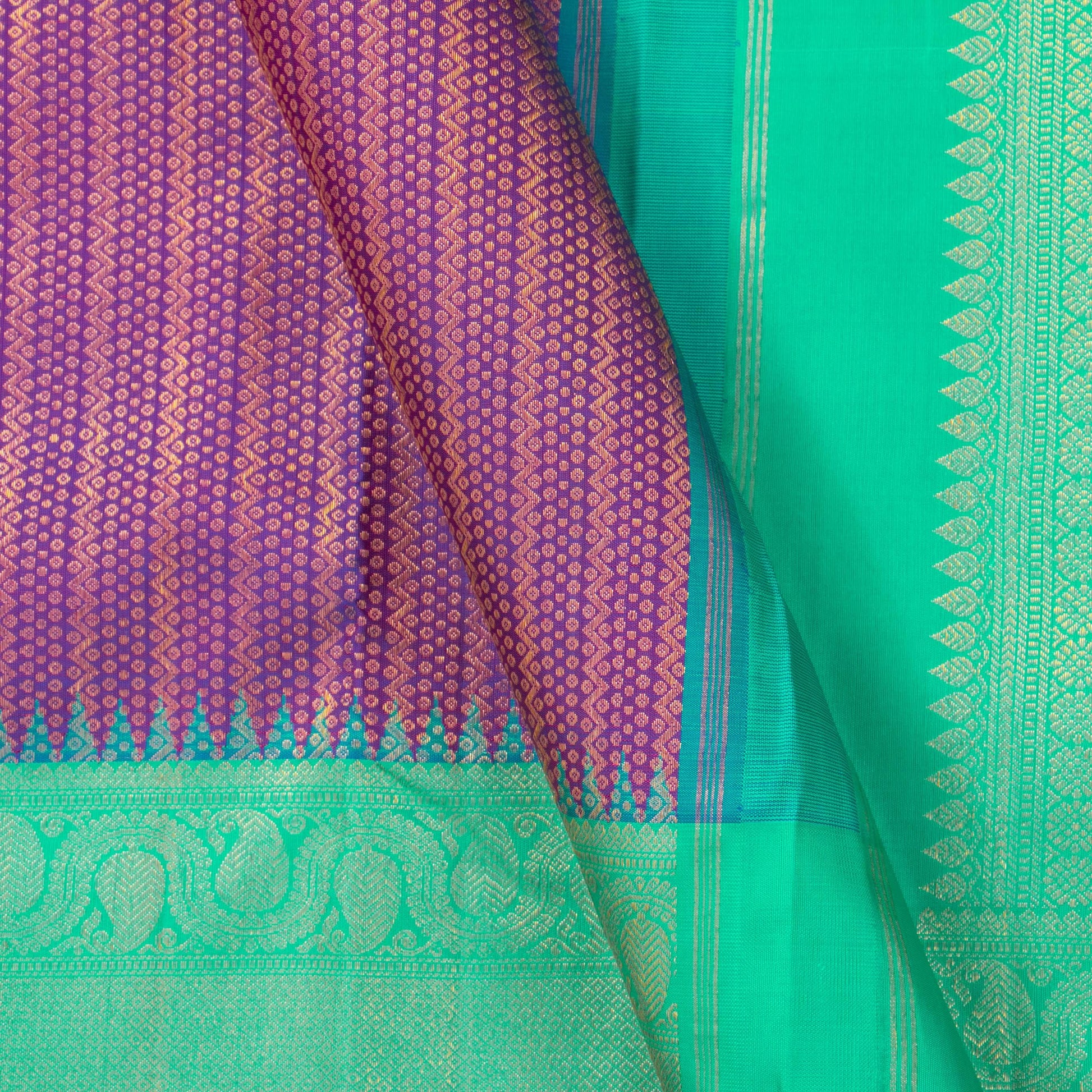 Magenta, Sea Green And Orange Kanchipuram Silk Saree Handwoven Pure Silk Pure Zari Mubbagam PV NYC 1244 - Silk Sari - Panjavarnam PV NYC 1244