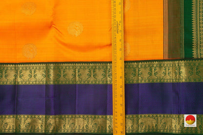 Mango Yellow And Violet Kanchipuram Silk Saree With Rettai Pettu Border Handwoven Pure Silk Pure Zari For Festive Wear PV GTA 92 - Silk Sari - Panjavarnam