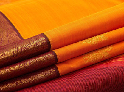 Mango Yellow Kanchipuram Silk Saree Handwoven Pure Silk Pure Zari For Festive Wear PV J 4980 - Silk Sari - Panjavarnam