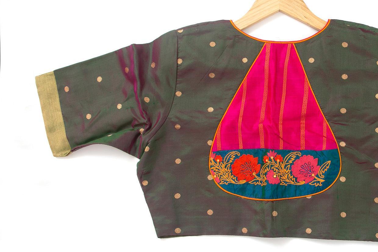 Manthulir Green And Pink Silk Readymade Blouse PV BL 142 - Blouse - Panjavarnam PV BL 142