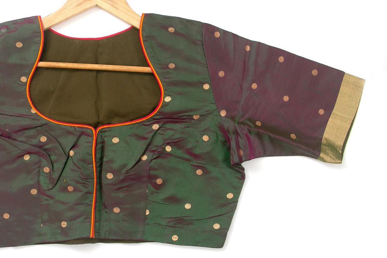 Manthulir Green And Pink Silk Readymade Blouse PV BL 142 - Blouse - Panjavarnam PV BL 142
