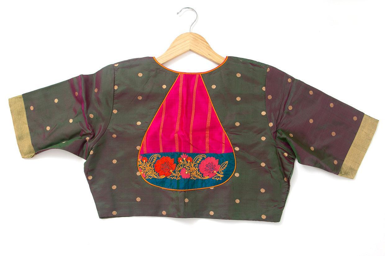Manthulir Green And Pink Silk Readymade Blouse PV BL 142 - Blouse - Panjavarnam PV BL 142