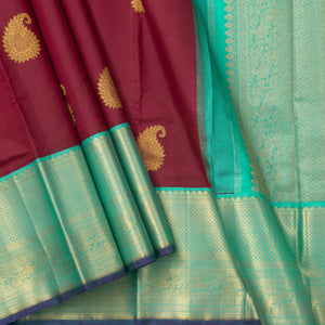 Maroon And Anandha Blue Kanjivaram Silk Saree With Medium Border Handwoven Pure Silk For Festive Wear PV J 2952 - Silk Sari - Panjavarnam PV J 2952