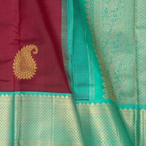 Maroon And Anandha Blue Kanjivaram Silk Saree With Medium Border Handwoven Pure Silk For Festive Wear PV J 2952 - Silk Sari - Panjavarnam PV J 2952