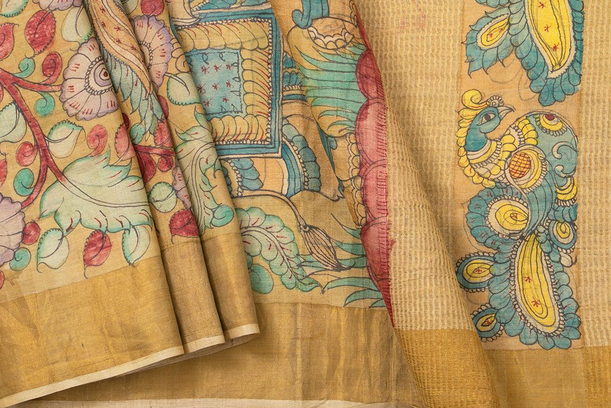 Maroon And Beige Kalamkari Tussar Silk Saree Handpainted Floral, Peacock And Elephant Patterns Organic Vegetable Dyes PT K VSR 108 - Kalamkari Silk - Panjavarnam PT K VSR 108