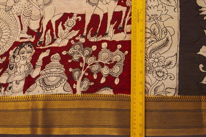 Maroon And Black Kalamkari Bangalore Silk Saree With Zari Border Handpainted Organic Dyes For Office Wear PV KBS VSR 102 - Kalamkari Silk - Panjavarnam