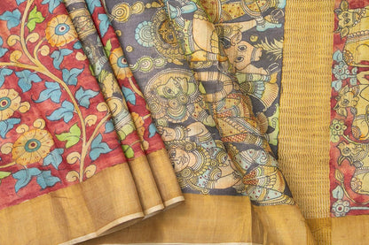 Maroon And Black Kalamkari Tussar Silk Saree Handpainted Floral Patterns Organic Vegetable Dyes PT K VSR 104 - Kalamkari Silk - Panjavarnam PT K VSR 104