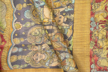 Maroon And Black Kalamkari Tussar Silk Saree Handpainted Floral Patterns Organic Vegetable Dyes PT K VSR 104 - Kalamkari Silk - Panjavarnam PT K VSR 104