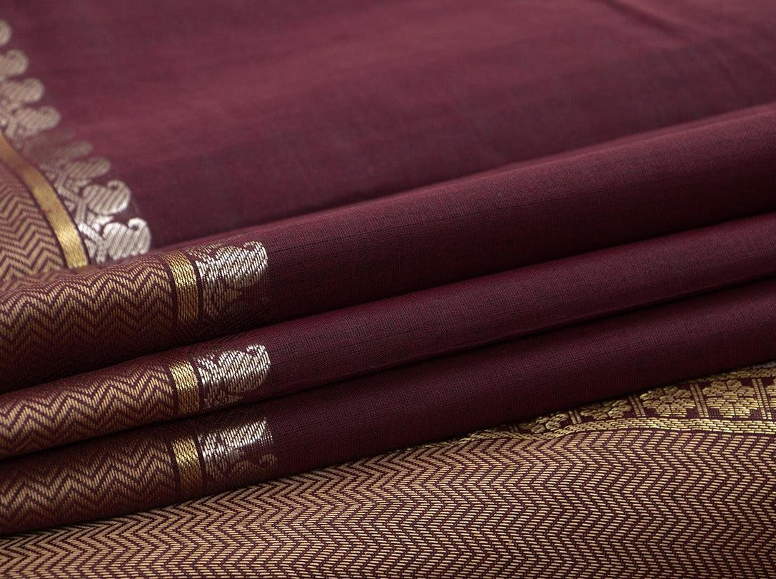 Maroon And Brown Kanchi Cotton Saree For Office Wear PV KC 402 - Cotton Saree - Panjavarnam PV KC 402