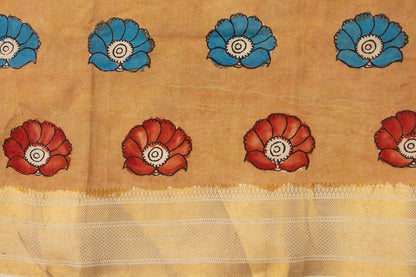 Maroon And Mustard Handpainted Kalamkari Mangalgiri Silk Saree Organic Dyes For Office Wear PKMS 69 - Kalamkari Silk - Panjavarnam